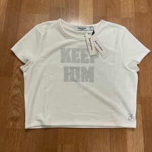 Juicy Couture Women’s “Keep Him” Velour Baby Tee – Size L – White – NWT